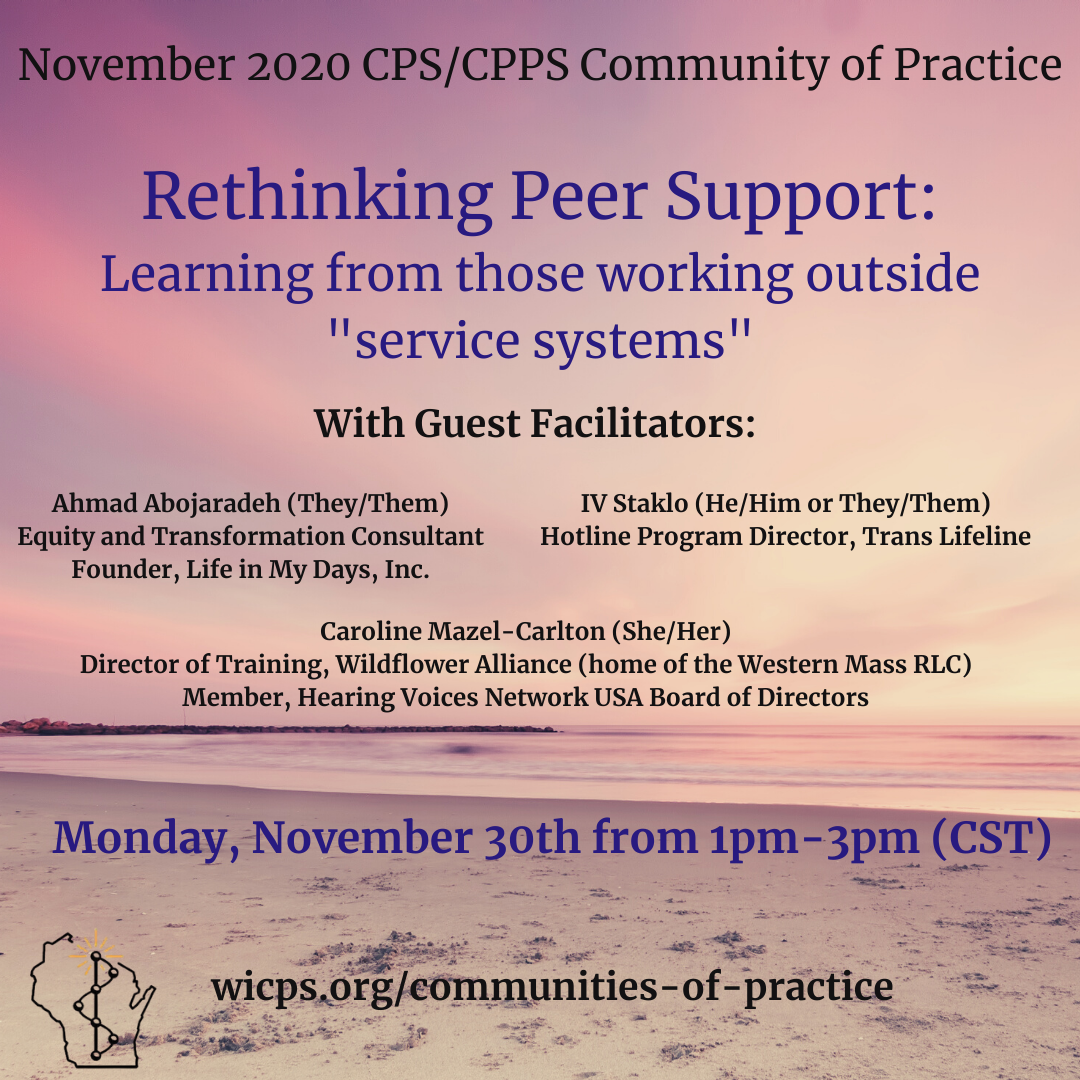 A beach scene with a pink and gold sky serves as a background. Text announces this Community of Practice gathering on Rethinking Peer Support with three guest facilitators.