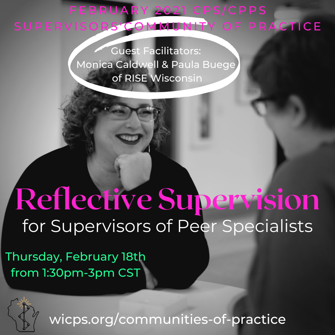 Two women sit at a table, as one smiles and rests her chin on her hand. Text announces this Supervisors' Community of Practice, reading, 