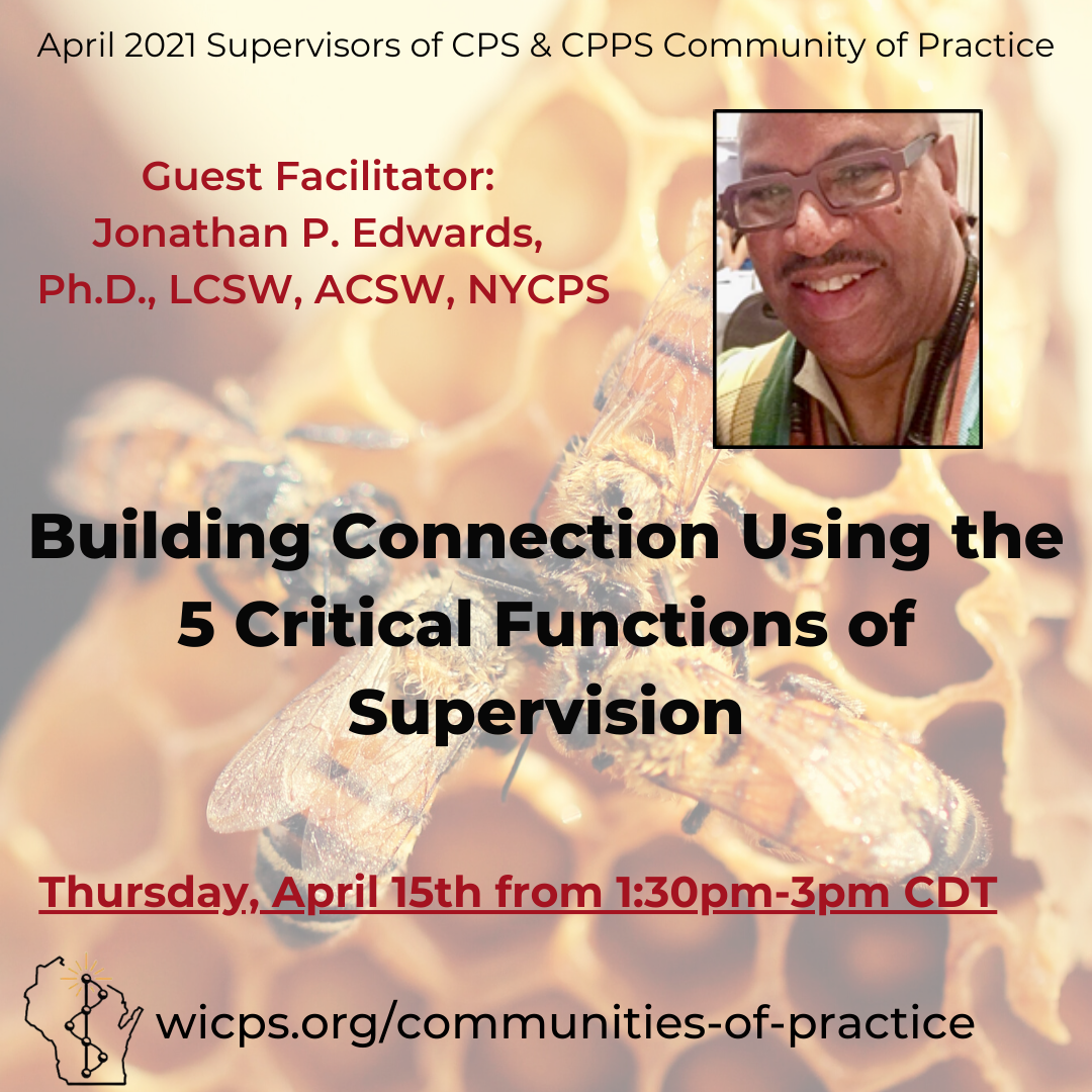 A light gold background shows four honey bees facing each other on a honeycomb. On the upper righthand side of the graphic is a photo of Jonathan P. Edwards, a middle-aged Black man with a mustache wearing glasses, smiling at the camera. Text reads, 