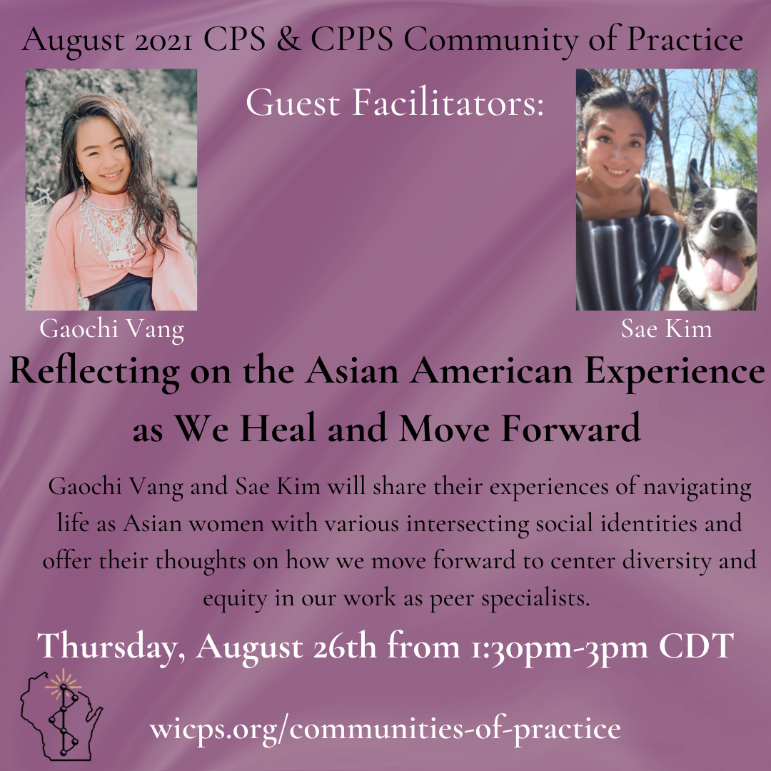 A graphic with a simple light purple background and pictures of both Gaochi Vang and Sae Kim are shown accompanying the text announcing this Community of Practice gathering. Gaochi sits in the sun, smiling and wearing what looks like what may be traditional Hmoob dress with ornate jewelry. Sae in her photo, wears a striped dress and is joined by what we might assume is her happy dog on a sunny day with trees in the background.