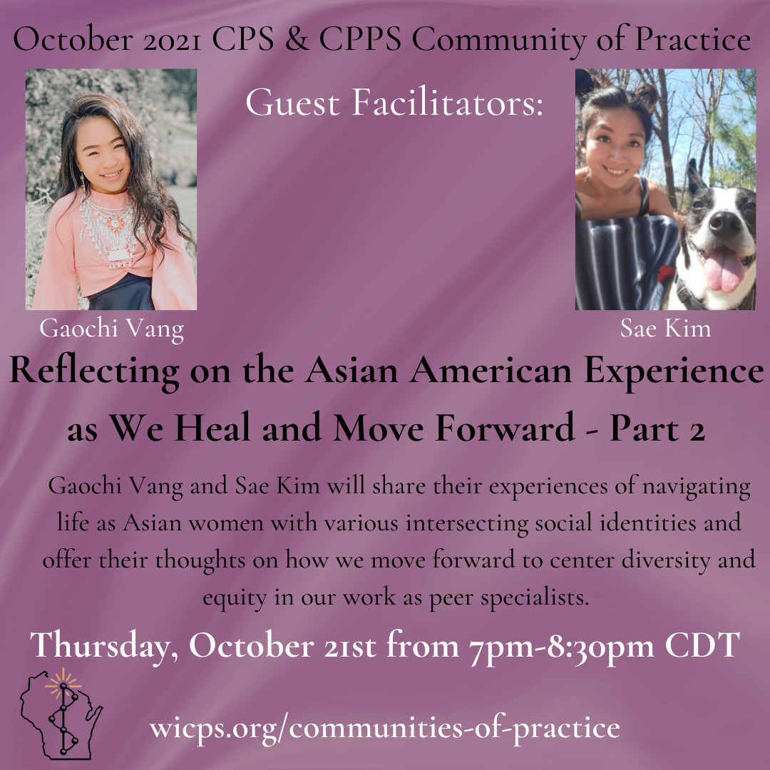 A graphic with a simple light purple background and pictures of both Gaochi Vang and Sae Kim are shown accompanying the text announcing this Community of Practice gathering. Gaochi sits in the sun, smiling and wearing what looks like what may be traditional Hmoob dress with ornate jewelry. Sae in her photo, wears a striped dress and is joined by what we might assume is her happy dog on a sunny day with trees in the background.