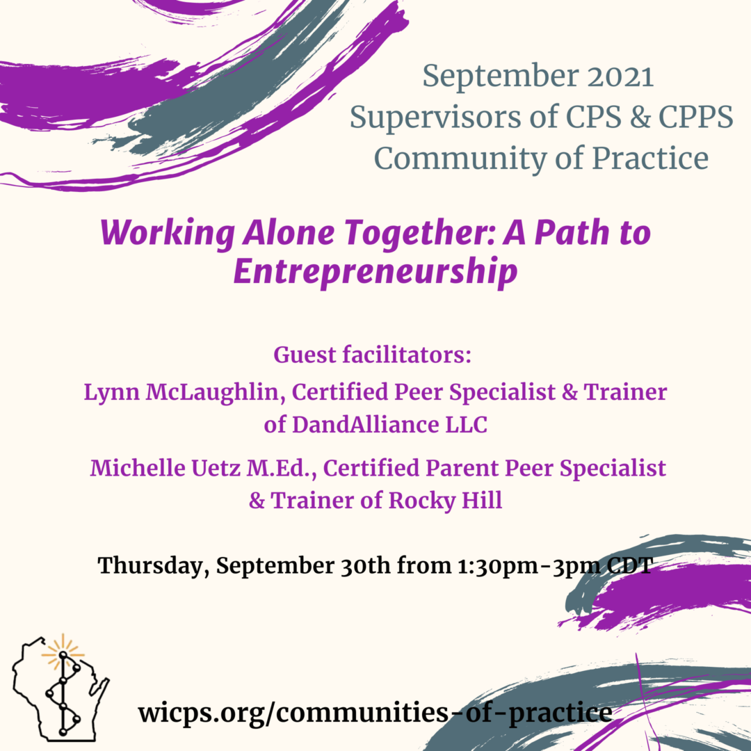 A green and purple accented background with primary cream-color behind text announces this entrepreneurship supervisors community of practice gathering