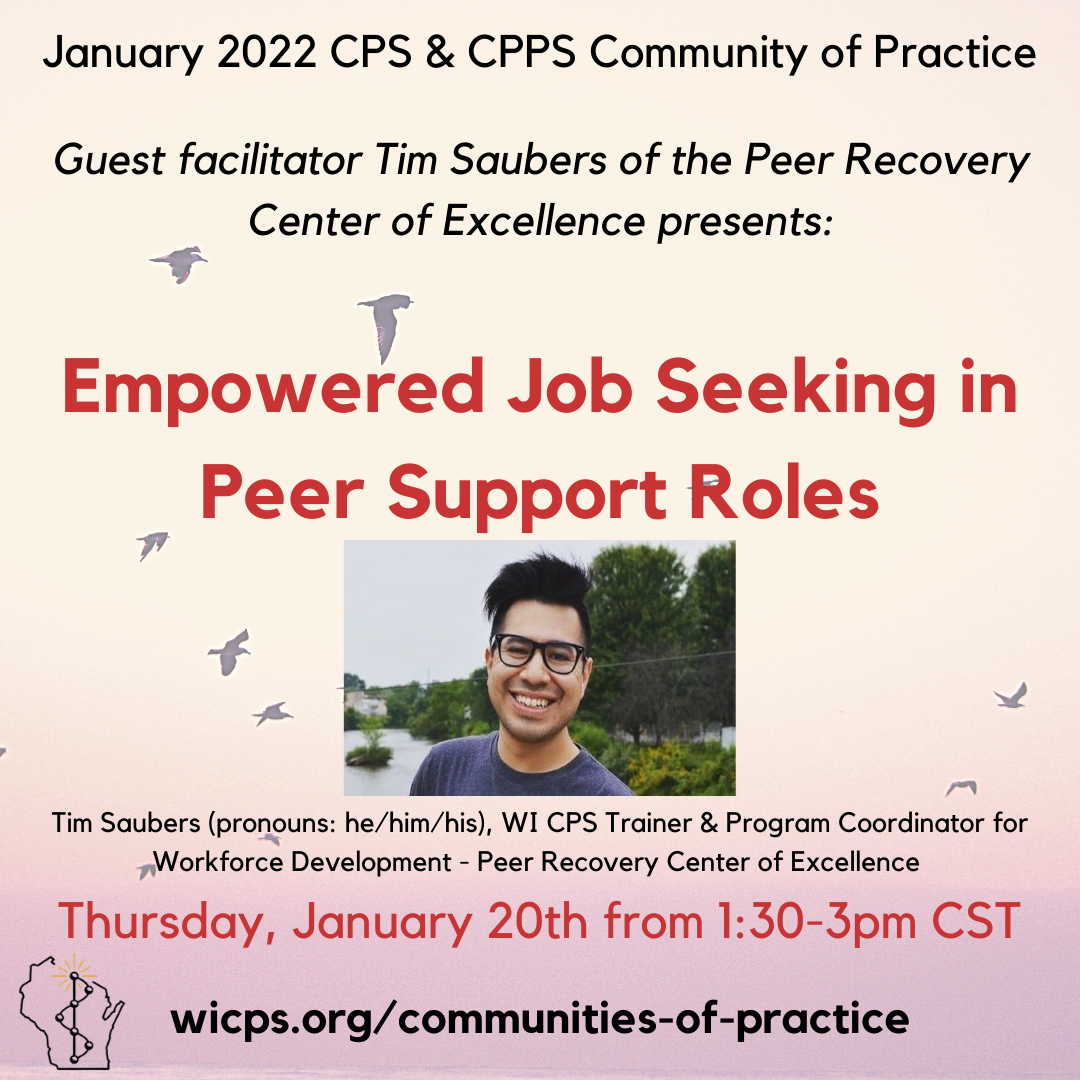 A pink and gold sunrise with migrating birds serves as a background for announcing the January Community of Practice on 