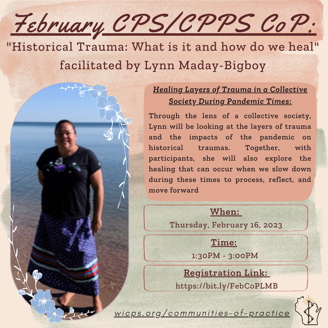 [Image Description: Background is peach and green pastel color. On the left side is a photo of Lynn Maday-Bigboy. Lynn smiling while standing on a sandy beach. She is wearing a black t-shirt and a pattern maxi skirt next to a body of water. Texts read: February CPS/CPPS CoP: 