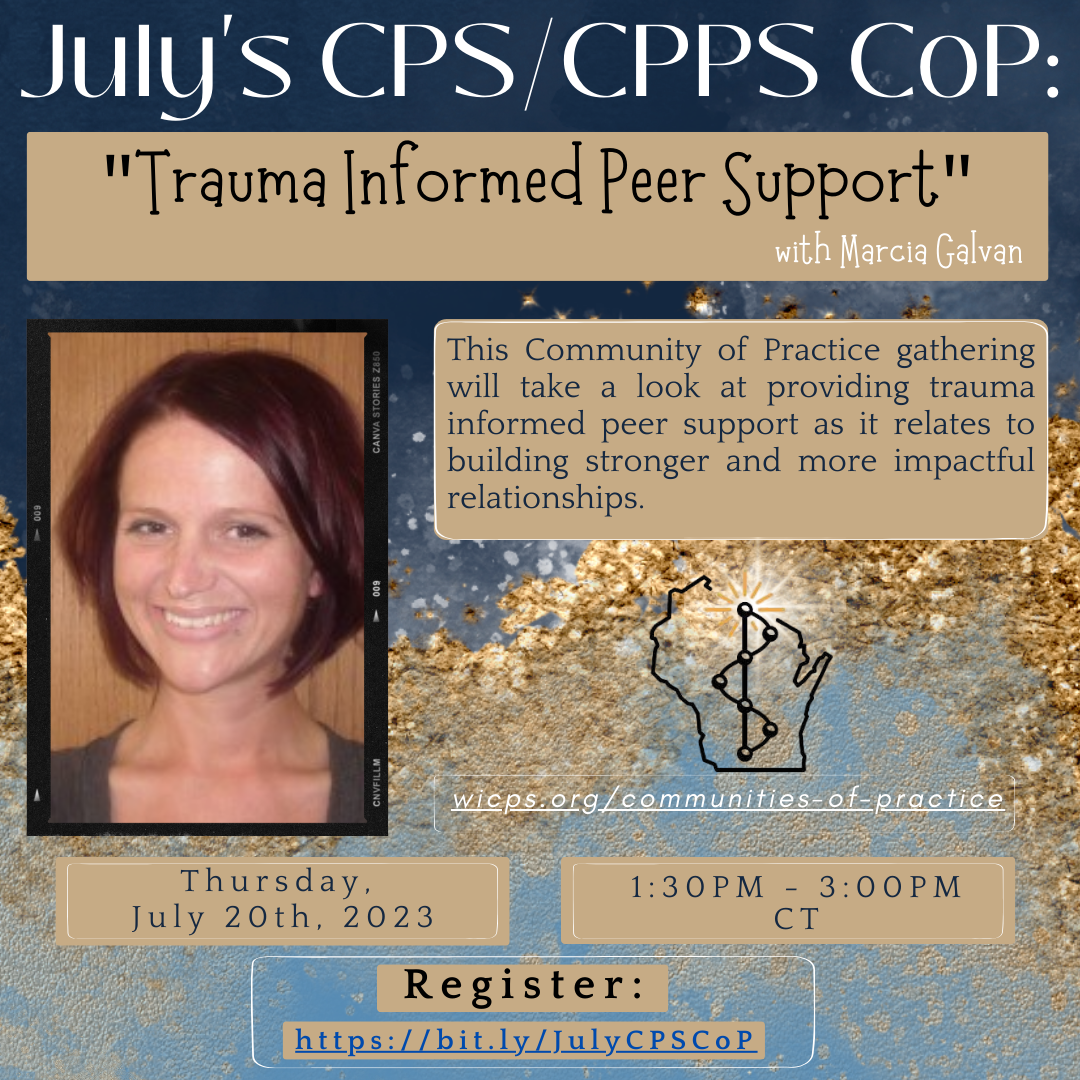 Background is navy, gold glitters and light blue color. Photo of Marcia - Marcia have short dark brown/red hair, is smiling and is wearing a dark grey shirt. Texts read: July's CPS/CPPS CoP: